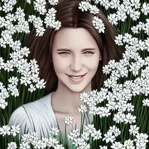 Image similar to portrait of a happy person in a field of white flowers, gentle lighting, shading, digital illustration, by Artgerm