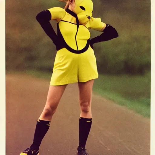 Image similar to elegant athletic woman dressed up as pikachu, art photo by Annie Liebovitz and David Hamilton and Alphonse Mucha