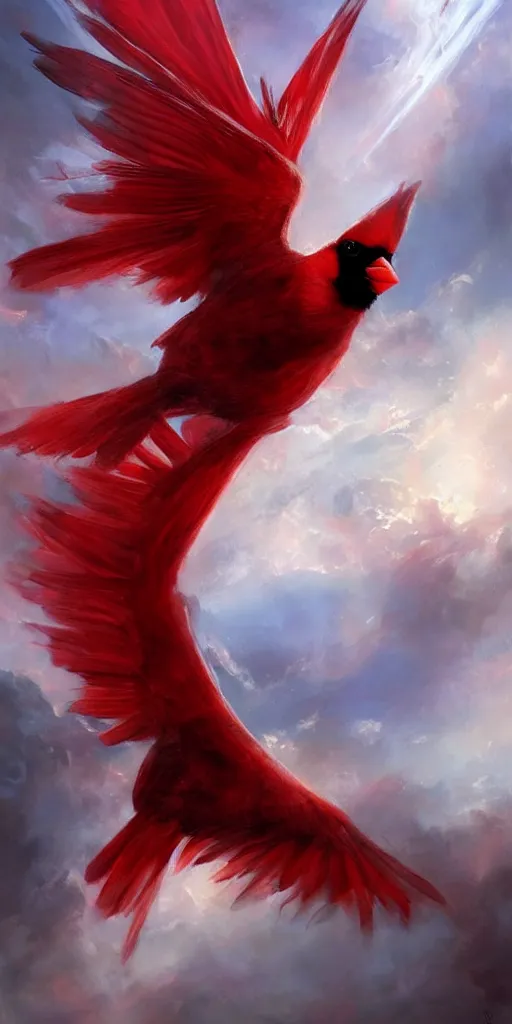 Image similar to a painting of a red cardinal flying through the sky, poster art by raymond swanland, deviantart, fantasy art, christian, deviantart, mystical