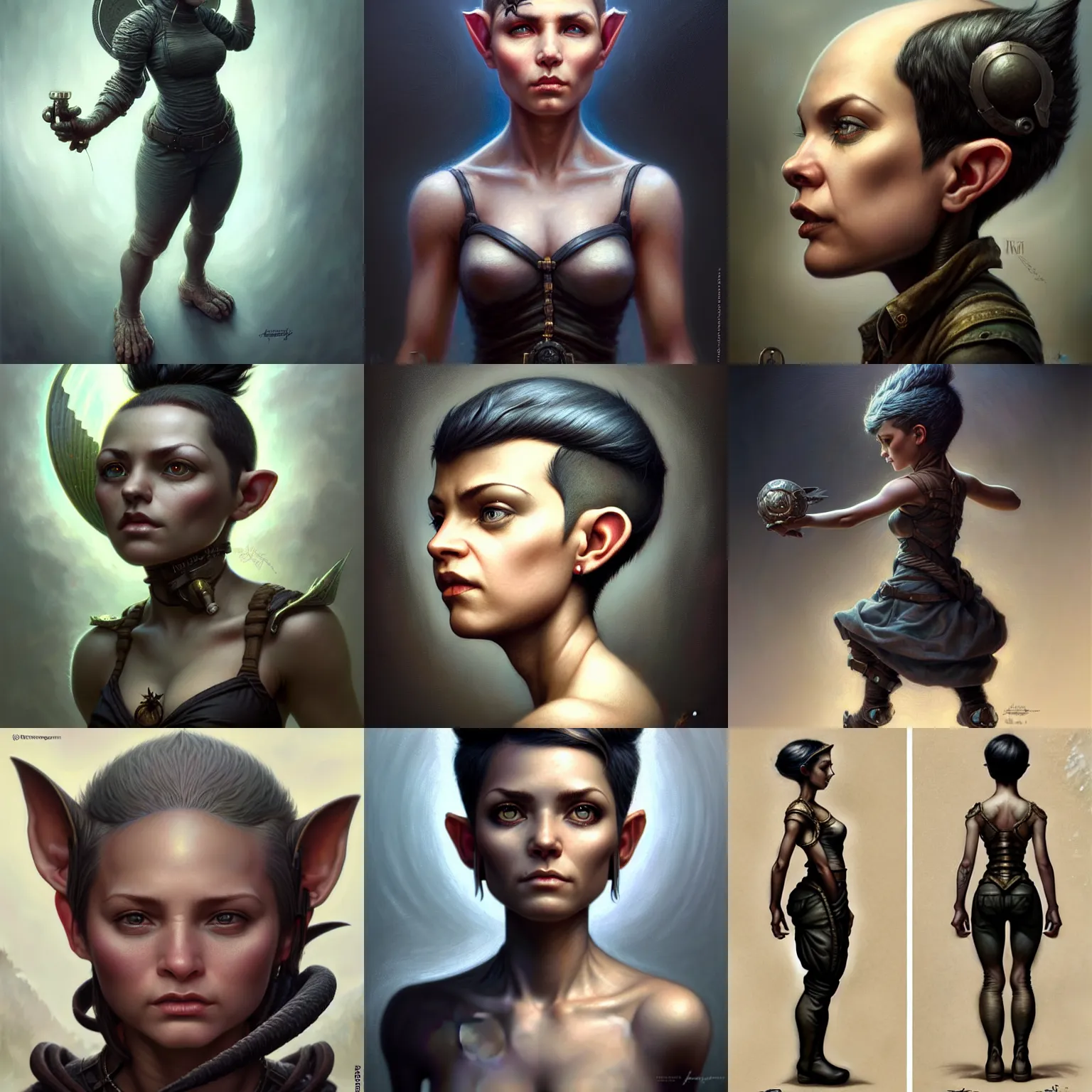 Prompt: full body portrait of a beautiful cute realistic scrappy female gnome engineer, black pixie undercut haircut, micro detail, intricate, elegant, highly detailed, centered, artstation, sharp focus, illustration, artgerm, tomasz alen kopera, peter mohrbacher, donato giancola, wlop