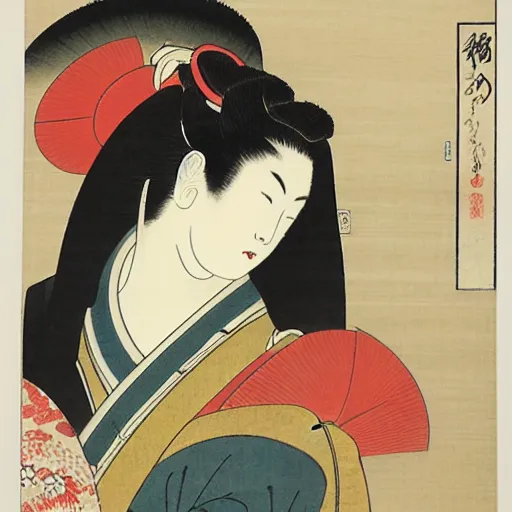 Prompt: japanese woodblock print by utamaro and hokusai,