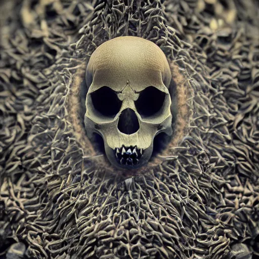 Prompt: extreme closeup photo of a hornet nest in the shape of a skull, by Artgerm and Beeple, 3D render,subsurface scattering,global illumination,raytracing,studio lighting, lens flare,bokeh,cinematic,photorealistic, 4K, UHD, HDR