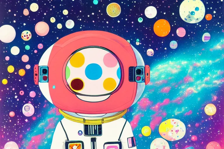 Prompt: hikari shimoda, portrait of a young female astronaut floating in a nebula, no helmet, flowing hair, takashi murakami, lomography, colorful