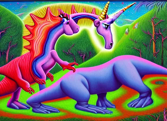 Prompt: T-rex and Unicorn relaxing, Alex Grey,Oil on Canvas detailed,