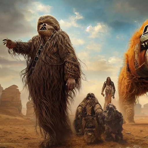 Image similar to warren buffet as a wookie from star wars riding a camel with han solo, ultra realistic, concept art, intricate details, eerie, haunting, highly detailed, photorealistic, octane render, 8 k, unreal engine. art by artgerm and greg rutkowski and charlie bowater and magali villeneuve and alphonse mucha