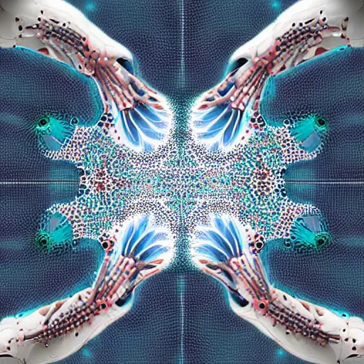 Prompt: A fractal art piece which demonstrate the hand shake between humans and robots