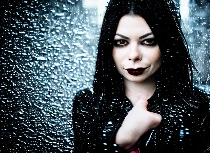 Image similar to closeup portrait of emo vampire goth miranda cosgrove standing in the rain in a dark cyberpunk city, heavy make - up running down face, neon reflections in the puddles, portra 4 0 0 candid photograph portrait by annie leibovitz, 3 5 mm macro shot, f / 3 2, hyperrealistic, cinematic lighting, hd wallpaper, 8 k, 4 k