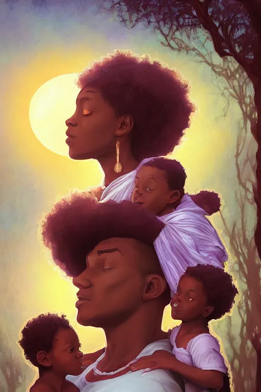 Image similar to a cinematic portrait of a beautiful african-american family photograph close up moment of a young sun god and moon goddess magician family with child, portrait, wearing wide sunhat, Frozen Klaus film, godrays digital painting, artstation, concept art, illustration, Frozen II art masterpiece by art by Krenz Cushart, Artem Demura, alphonse mucha, yoji shinkawa, ArtGerm, Jon Lothian, Danilo Torres, Adi Meyers, Thomas Reimann, Gaston Bussiere, Disney