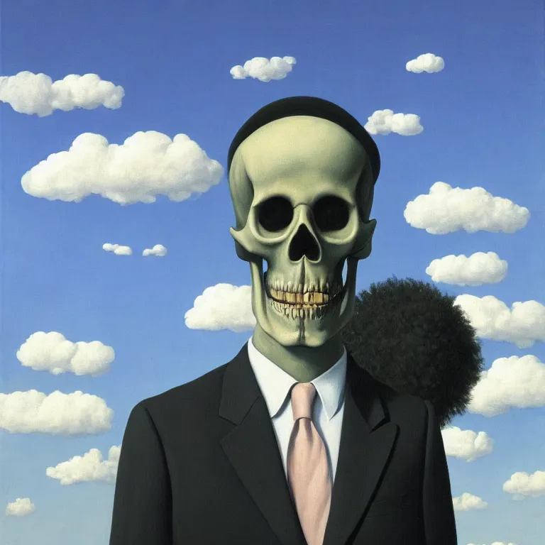 Image similar to portrait of a skeleton in a suit, clouds in the background, by rene magritte, detailed painting, distance, middle centered, hd, hq, high resolution, high detail, 4 k, 8 k