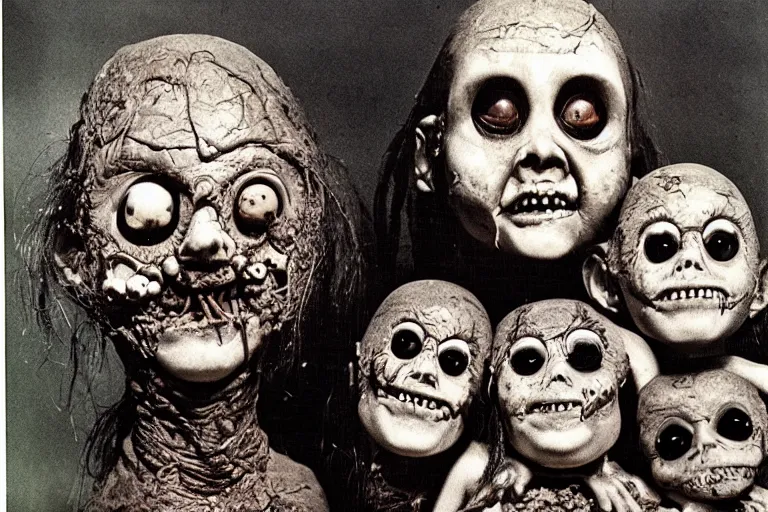 Image similar to studio portrait of a happy creepy mud clay family by bob bottin, horror grotesque, realistic detailed photography 1 9 7 0's