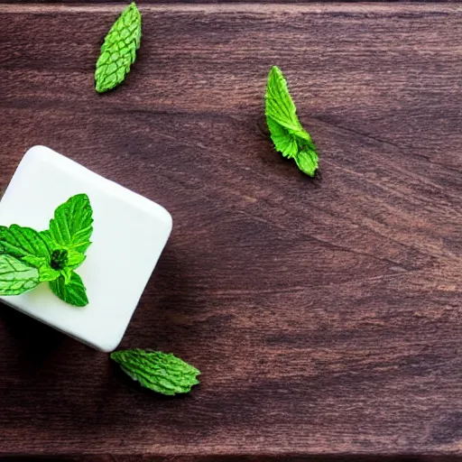 Prompt: photograph of a marshmallow cube with mint swirls on a dark wooden chopping board, hessian cloth, styled food photography, photorealistic, 4 k