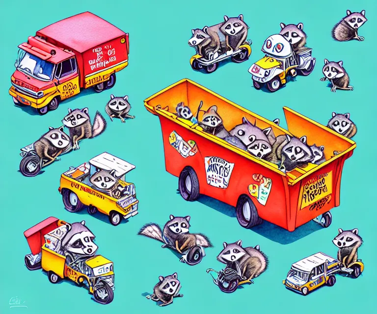 Prompt: cute and funny, ( ( ( racoon ) ) ) riding in a tiny garbage truck, ratfink style by ed roth, centered award winning watercolor pen illustration, isometric illustration by chihiro iwasaki, edited by range murata, tiny details by artgerm and watercolor girl, symmetrically isometrically centered, sharply focused