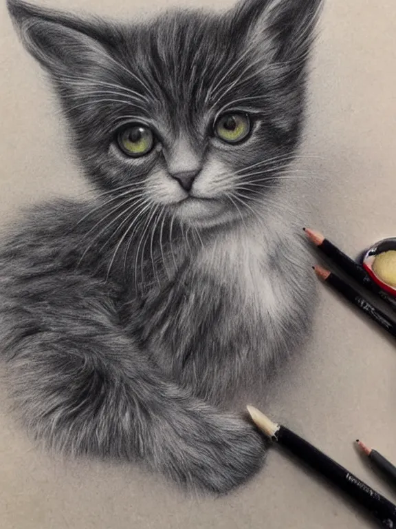 Image similar to A cute kitten, by artgerm, beautiful, mixed media on toned paper, 2021, very detailed, coffee art