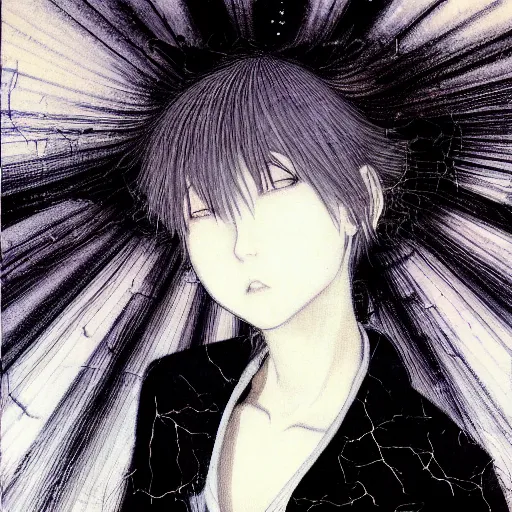 Image similar to Yoshitaka Amano dreamy and blurry portrait of an anime girl with white hair and cracks on her face wearing dress suit with tie fluttering in the wind, abstract black and white patterns on the background, head turned to the side, noisy film grain effect, highly detailed, Renaissance oil painting, weird camera angle