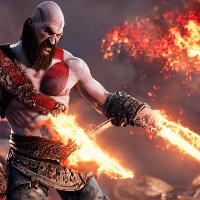 Image similar to kratos shredding on a flaming stratocaster guitar, cinematic render, god of war 2 0 1 8, santa monica studio official media, lightning, stripe over eye