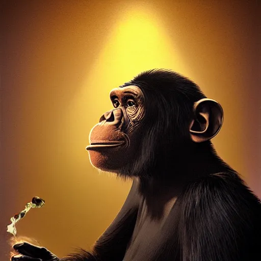 Image similar to a chimp wearing a suit smoking a cigar, dramatic lighting, cinematic, establishing shot, extremly high detail, photorealistic, cinematic lighting, artstation, style by James Gurney