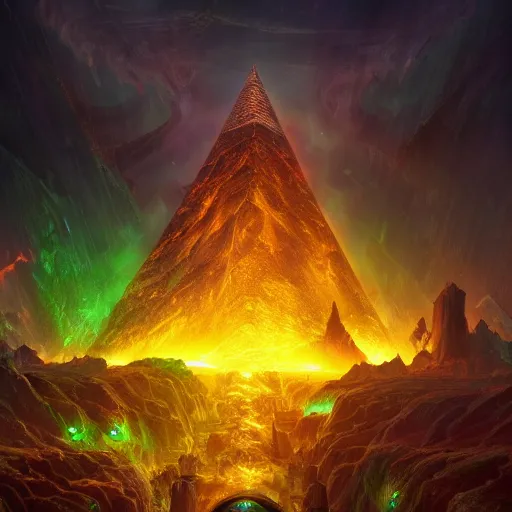 Prompt: a huge chaos dark eldritch pyramid with a giant eye with green ray traced light and corruption by WLOP and tony sart and bekinski, god rays, fantasy art, 4k, HDR, photorealistic, 8k, trending on artstation