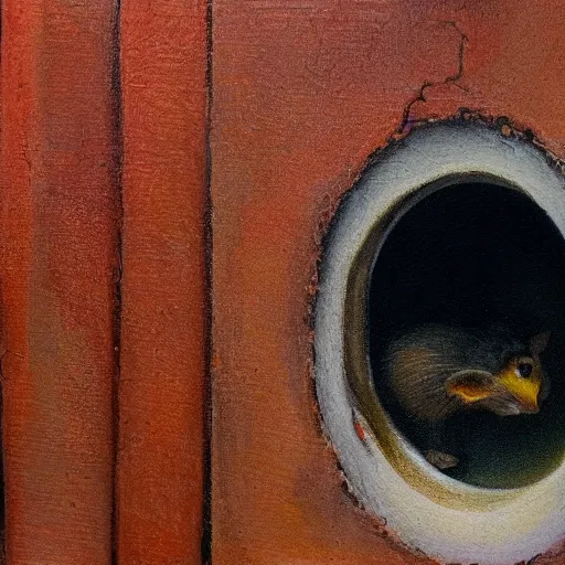 Prompt: A detailed shot of the interior of a mouse hole in the wall, wide shot, hyperealism, oil painting