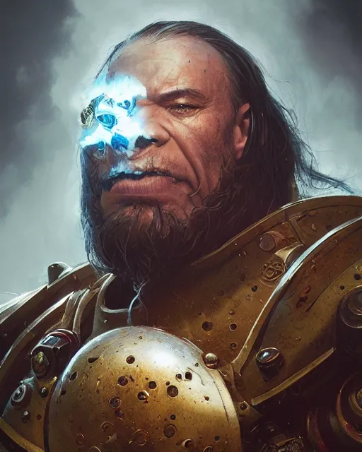 Prompt: hyper realistic portrait of warhammer machine head, cinematic, chaos marine, artstation, cgsociety, full head, greg rutkowski, james gurney, mignola, craig mullins, brom