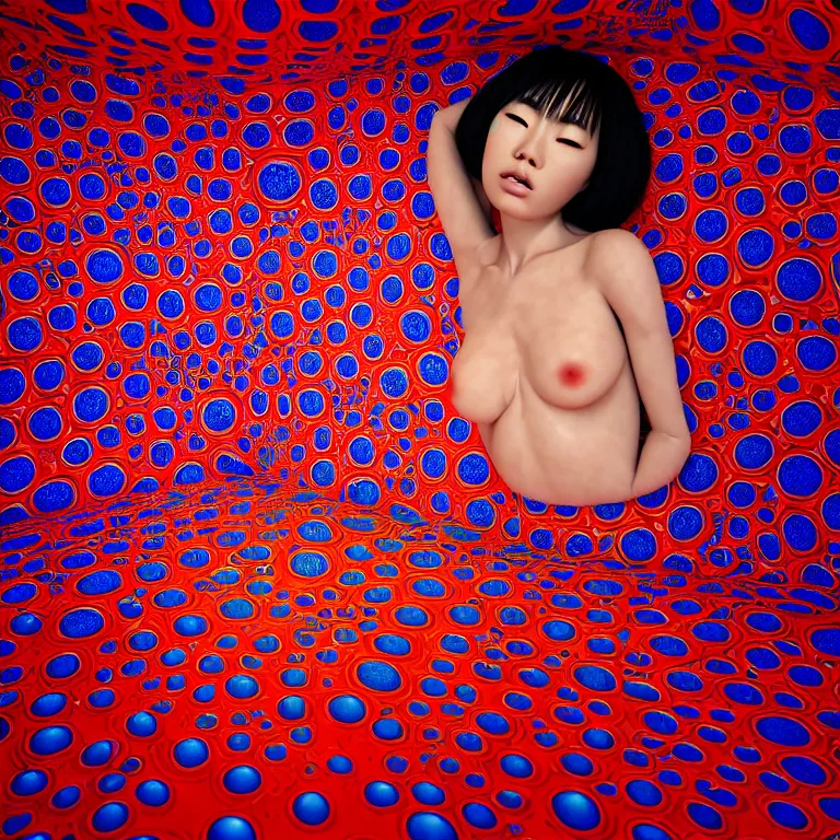 Prompt: realistic detailed image of a japanese model laying in a padded room, 8 k conjuring psychedelic background, part by yayoi kusama, part by alex gray, part by ross tran, part by james jean, ultra realistic, highly detailed, life like face, detailed body, 8 k, octane render, trending on artstation, very cohesive, masterpiece