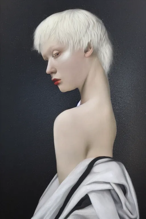 Image similar to hyperrealism oil painting, close - up portrait of albino medieval fashion model, black silk, steel gradient mixed with nebula sky, in style of baroque