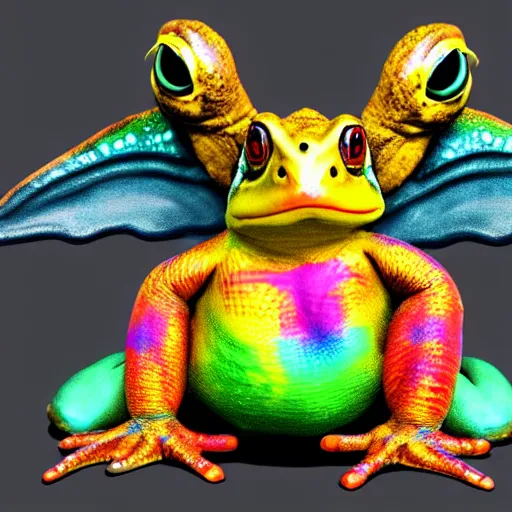 Image similar to toad with wings front view, Across holding a hand, rainbow reptile front view, Across holding a hand, golden lizard front view, trio, artstation, concept art, master illustration, details, good clear quality, fun - w 704