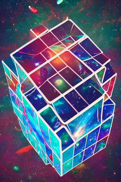 Image similar to four dimensional parallel universe cosmic rubik's cube hypercube tesseract with wormholes, energy, galaxies and cubes around it. epic, dramatic, cinematic, digital art, octane render, blender, 8 k, hyperrealistic, trending on artstation
