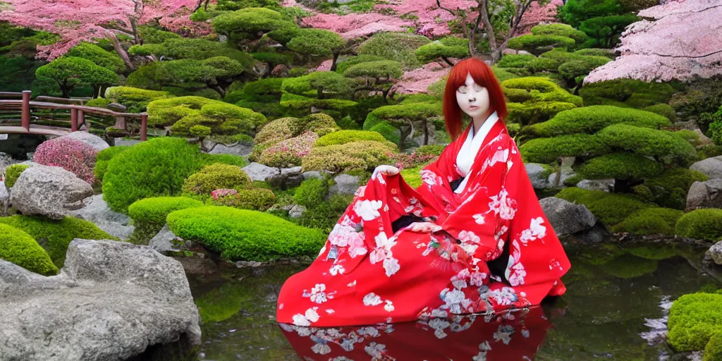 Prompt: A beautiful amber haired woman in a kimono in a Japanese garden