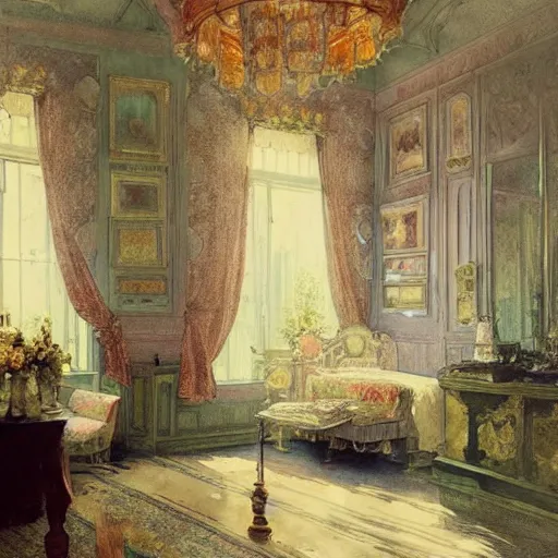 Image similar to a beautifull intricate watercolour painting of a victorian bedroom with many flowers, reflexions, verry high details by william turner art, greg rutkowski and alphonse mucha, trending on artstation, very very detailed, masterpiece,