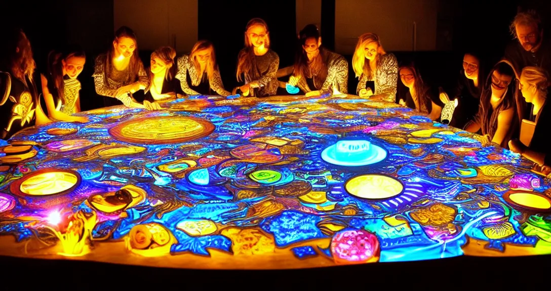 Image similar to creativity, 13 diverse creatives on one_side of a reflective !creativity table, inticrate detailed glowing ideas, highly detailed, dramatic lighting, fine details, high details, beautiful lighting