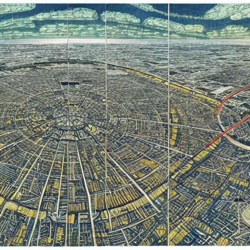 Image similar to hyper detailed aerial top down comic illustration of a man eaten by a machine in the centre of the composition, encircled by cybernetic gateways, by peter doig, very detailed, 4k, highly detailed