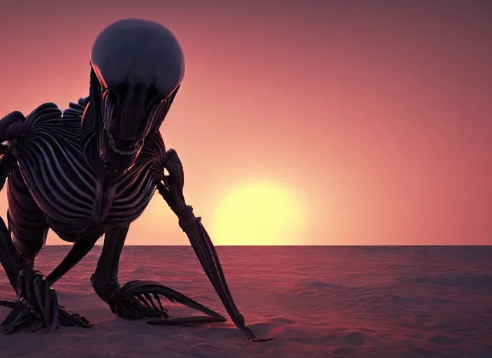 Image similar to symmetrical - face!!! a xenomorph alien relaxing on a beach in jamaica, cinematic lighting, sunset, 8 k - resolution!!, hyperrealism, national geographic, award winning, artstation, unreal engine 5, octane, redshift