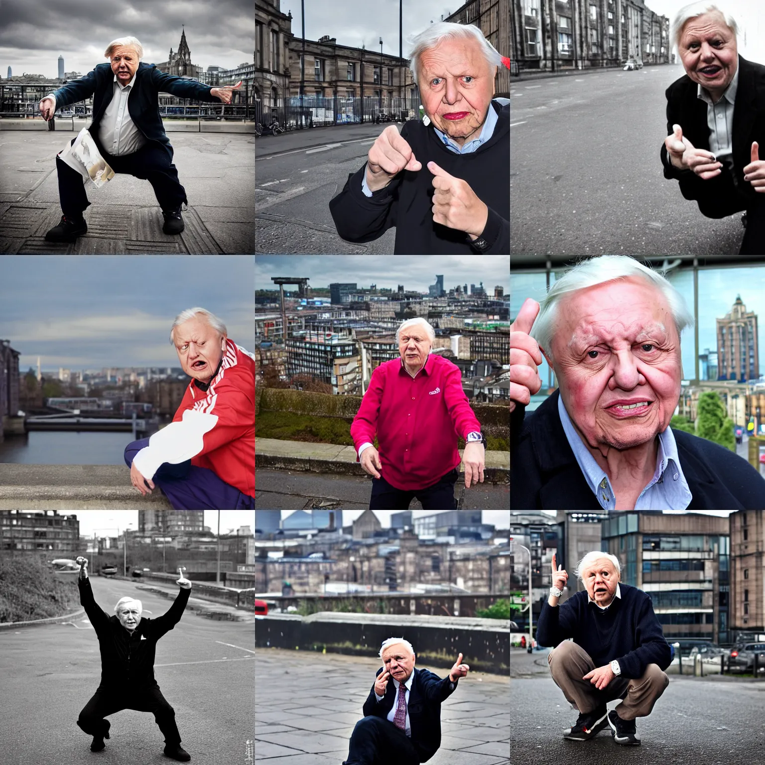Prompt: david attenborough dressed as a chav, addidas, caps sideways, vodka, giving the middle finger, squatting, award winning photograph, street photo, glasgow in background