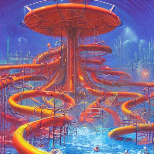 Image similar to a large water park in hell by paul lehr and moebius