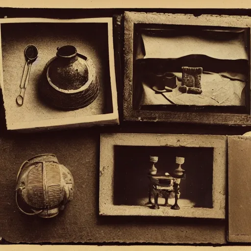 Image similar to Tintype photograph of objects displayed in an ethnographic museum, primitive display, anthropology of wonder, in the style of Marcel Duchamp, found objects, ready-made, 1920s studio lighting.