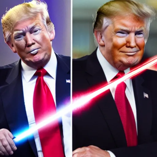 Prompt: putin, trump, obama and bush are having a laser sword fight and smiling