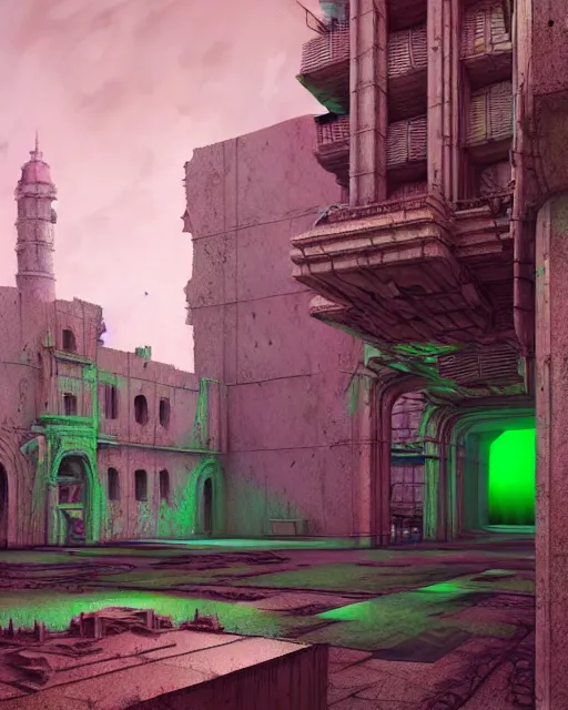 Prompt: hyperrealistic 3d render highly detailed baroque mecha iridescent pink brutalist city ruins background concept art unreal engine!! santiago caruso de chirico sharp very dramatic green light 8k low angle shallow depth of field