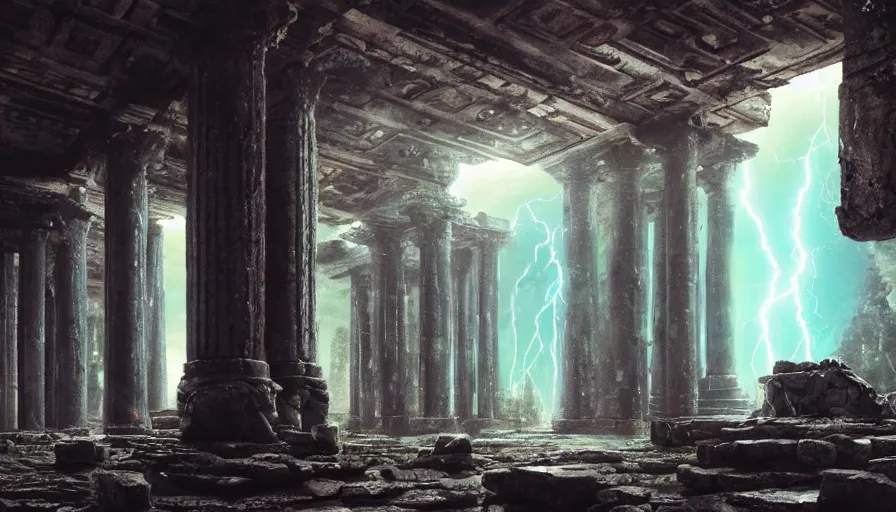 Image similar to Inside ancient alien temple, crumbling stone columns, refracted sparkles, thunderstorm, dark still pool, major arcana sky and sci-fi alien symbology, by paul delaroche, hyperrealistic 4k uhd, award-winning, very detailed cyberpunk