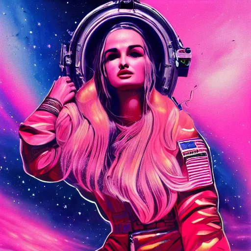 Image similar to a highly detailed and accurate pulp portrait of kim petras in space, 1 9 7 0 s, space station, neon light, delicate embellishments, woman art, painterly, offset printing technique