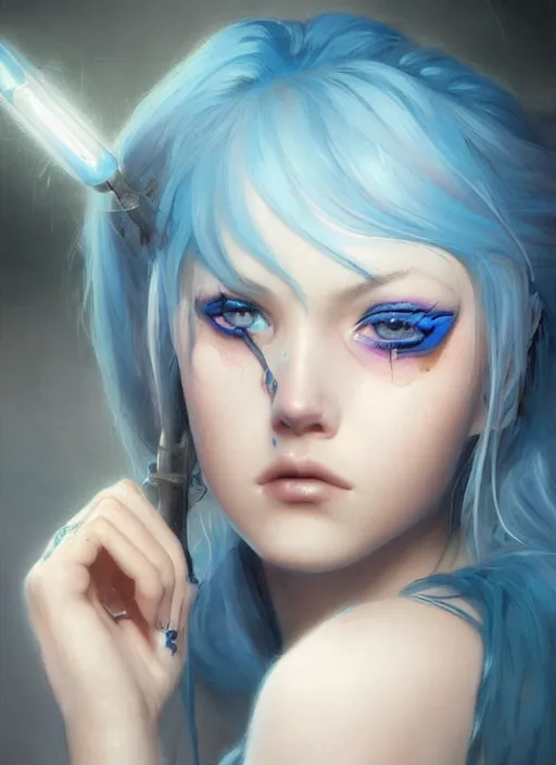 Image similar to girl with unkempt blue hair, beautiful highly detailed face, complementary lighting, backlit, eyeshadow, divine, beautiful painting by artgerm and greg rutkowski and raymond swanland