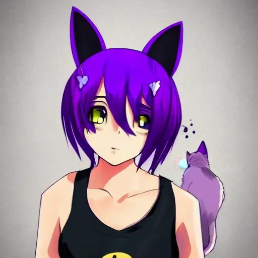 Image similar to anime girl with short purple hair and cat ears and a black tank top, aesthetic, digital art, high definition