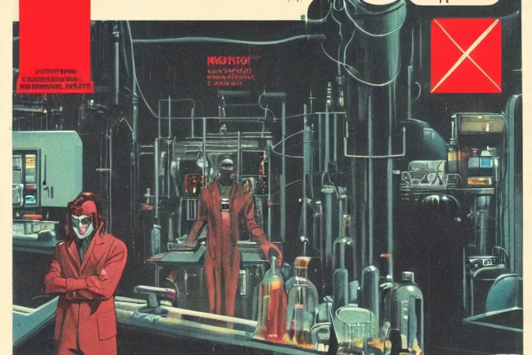 Prompt: 1979 OMNI Magazine Cover depicting a Mr Hyde standing in a laboratory. Cyberpunk Akira style by Vincent Di Fate