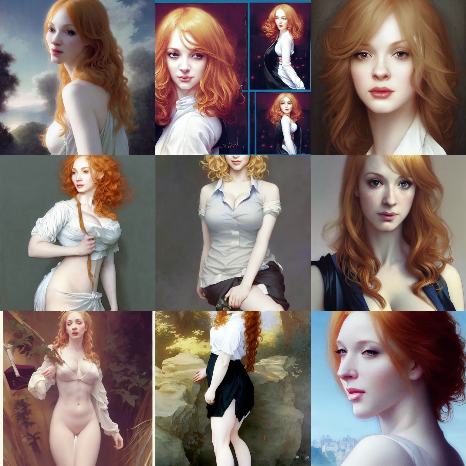 Prompt: painting of beautiful, christina hendricks with long blonde hair, dressed in a white secretary shirt and black miniskirt, very pale white skin and long curly blond hair, by ruan jia and artgerm and range murata and krenz cushart and william adolphe bouguereau, key art, fantasy illustration, award winning, intricate detail realism hdr, full body painting