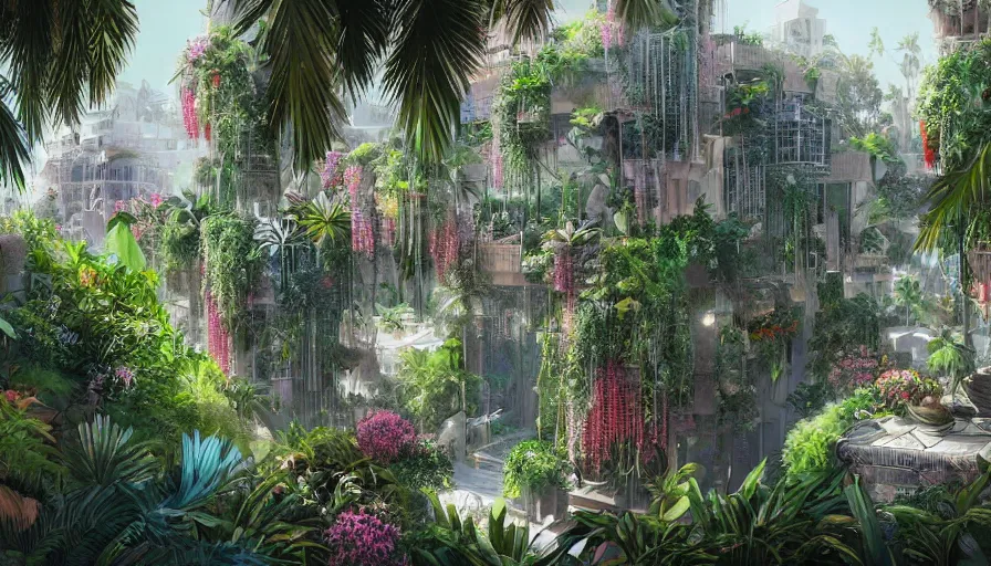 Prompt: hanging gardens of babylon, flowers, palms, arabic city, artstation