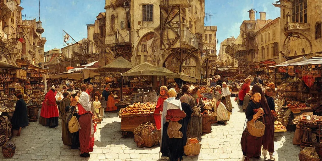 Image similar to a busy medieval Mediterranean street market , beautiful digital art, cinematic composition, detailed, concept art, Matt painting, oil painting,, art by Norman Rockwell