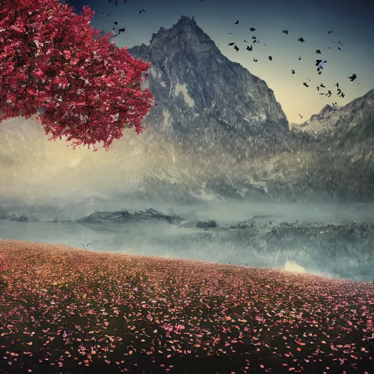 Image similar to a beautiful awesome artistic tree with falling flowers like leaves and many birds, all in the amazing outdoors view, mountain in the background, lake, long exposure, 8 k resolution, trending on artstation