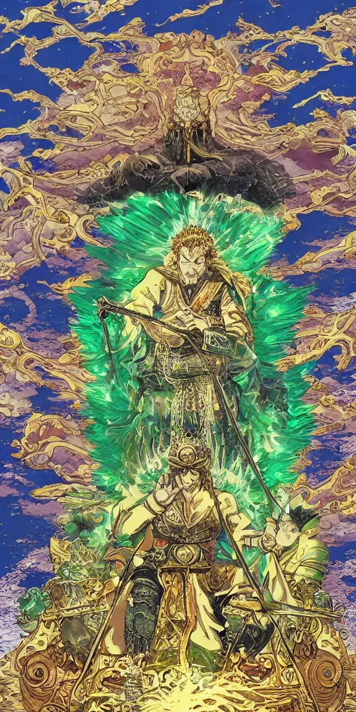 Image similar to a lone emperor sitting on a emerald throne floating on water in the middle of a lake drawn by Makoto Yukimura in the style of Vinland saga anime, full color, detailed, psychedelic, Authority, structure, a father figure, tarot card, The emperor tarot card