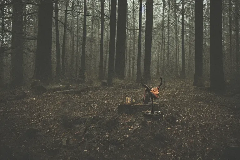 Prompt: terrible dark forest in the depths of which there is a large butcher chopping meat on a wooden stump from Dota 2 filmed hidden on a phone camera, Cinematic, wildlife photography, 35mm, photo on iphone