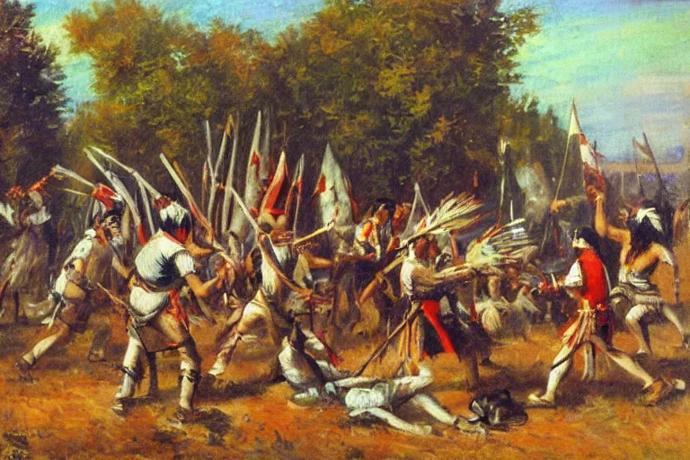 Prompt: native americans decapitating colonists, impressionist painting