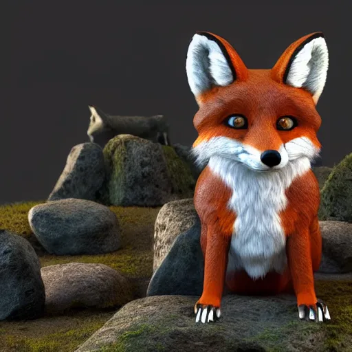 Prompt: a small animal with a fox face sits on a stone, shady forest, cartoonish but elaborate and detailed style, high quality, 3 d render, high fur detail, fantasy costume, focus on the foreground